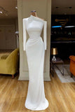Long Sleeves White Asymmetric Neckline Satin Prom Dress