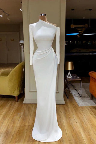 Long Sleeves White Asymmetric Neckline Satin Prom Dress