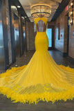 Tassels Feather Yellow Mermaid Backless Prom Dress