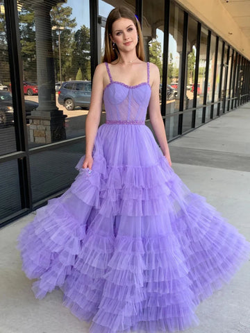 Purple Ruffle Tiered A Line Tulle Prom Dress