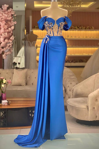 Crystal Embellished Cutout Satin Royal Blue Prom Dress