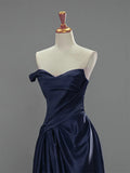V Neck Satin Dark Blue Sweetheart A Line Prom Dress