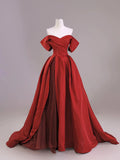 Tulle Off The Shoulder A Line Dark Red Satin Prom Dress