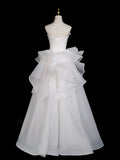 White Strapless Ruched Ruffles A Line Organza Wedding Dress