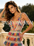 V Neck Rainbow Sequin A Line Backless Tulle Prom Dress
