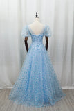 Sparkle Tulle A Line Short Sleeves Blue SnowFlake Prom Dress