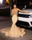 Mermaid Sheer See Through Beading Champagne Prom Dress