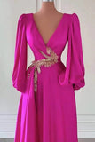Bishop Sleeves Fuchsia Deep V Neck A Line Satin Prom Dress