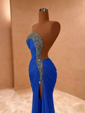 Crystal Royal Blue One Shoulder Ruched Prom Dress with Slit
