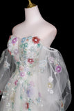 Tulle Sequins Long White Floral A Line Prom Dress