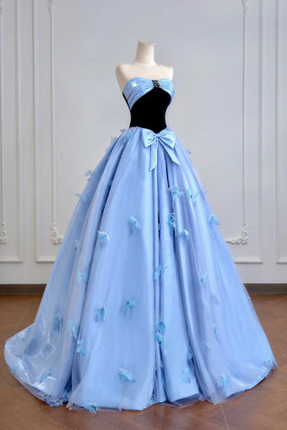 Blue Tulle Butterfly Beading Black Velvet Prom Dress