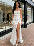 Sheath Column Flower Lace Straps White Prom Dress
