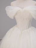 Off Shoulder Tulle Lace A Line White Prom Dress