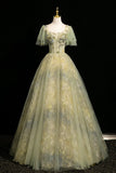 Square Puffy Sleeve Green Ball Gown Tulle Prom Dress