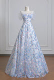 Floral Tulle A Line Off The Shoulder Blue Prom Dress