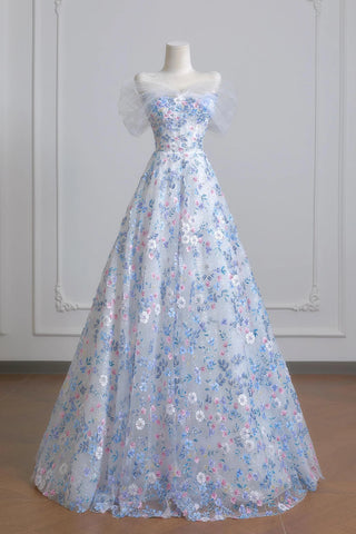 Floral Tulle A Line Off The Shoulder Blue Prom Dress