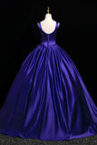 Straps Square A Line Satin Royal Purple Prom Dress