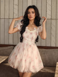 Short Sleeves Rose-Printed Mini Summer Dress