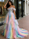 Sparkle Tulle Rainbow Off The Shoulder A Line Prom Dress