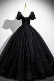 Tulle Long Puffy Sleeve Black Glitter Prom Dress
