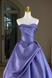 Strapless A Line Ruched Purple Satin Prom Dress