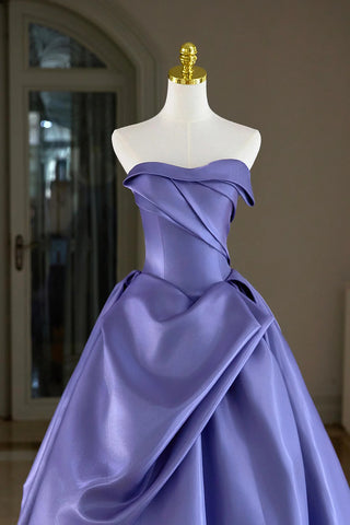 Strapless A Line Ruched Purple Satin Prom Dress
