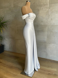 Off The Shoulder Satin Mermaid Champagne Draped Train Prom Dress