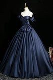 Off-Shoulder Ball Gown Navy Satin Prom Dress With Bow