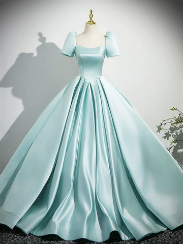 Green Short Sleeve Satin Square A Line Prom Dress
