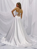 White Satin A Line Simple V Neck Wedding Dress