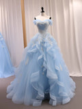 Sky Blue Tulle Ruffles Appliques A Line Prom Dress