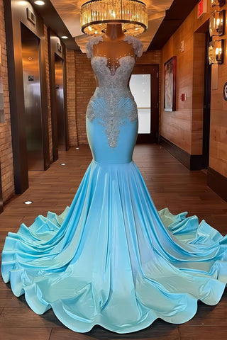 Trumpet Mermaid Beading Light Blue Satin Jewel Prom Dress