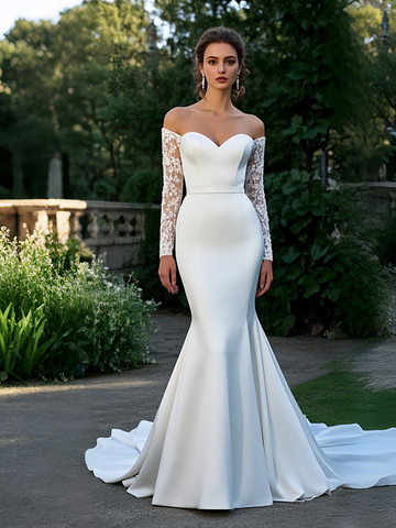 Trumpet Mermaid Satin Lace Long Sleeve Wedding Dress