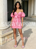Pink Puffy Sleeves Sheath Column Lace Homecoming Dress
