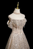Champagne Tulle Sequins A Line Off The Shoulder Prom Dress