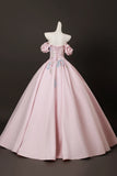 Pink Satin Lace Off The Shoulder A Line Prom Dress
