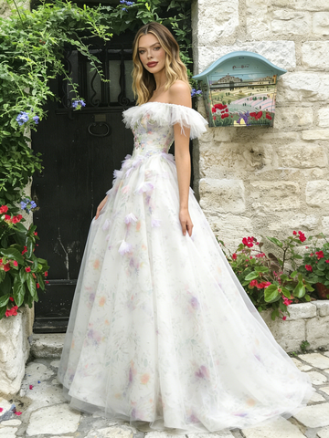 Off The Shoulder Tulle Floral A Line Prom Dress