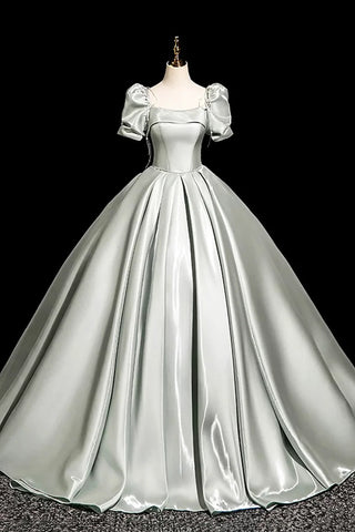 Satin A-Line Short Sleeve Gray Green Prom Dress