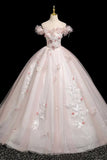 Pink Tulle Flower Off The Shoulder Appliques Prom Dress