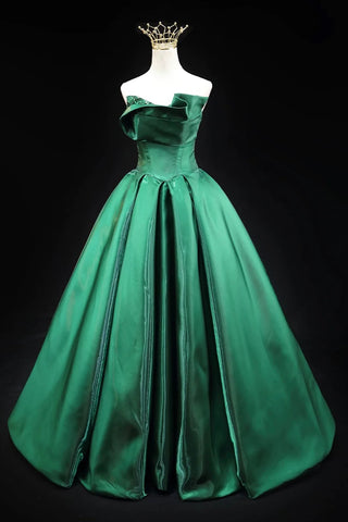 Strapless Green Ruched Sequin A Line Satin Prom Dress