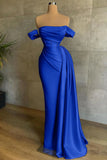 Off The Shoulder Satin Mermaid Champagne Draped Train Prom Dress