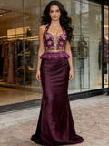 Print Sequin Trumpet Mermaid Purple Halter Prom Dress