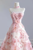 Print Pink Tulle Sparkle Strapless Prom Dress