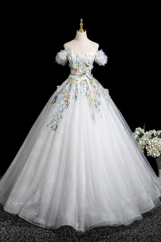 A-Line Off the Shoulder Floral White Off The Prom Dress