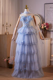 A Line Beading Butterfly Blue Flower Prom Dress