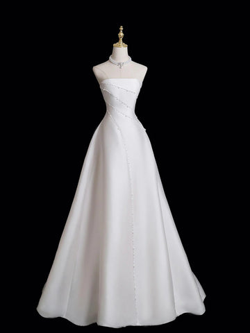 Satin Strapless A Line Pearl White Prom Dress