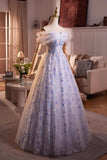 Princess Tulle A Line Blue Flower Prom Dress