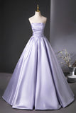 Ruched Satin Floor Length A-Line Lilac Strapless Prom Dress