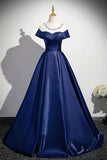 Long Scoop Beading A Line Navy Satin Prom Dress