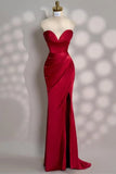 Sweetheart Mermaid Burgundy Satin High Slit Prom Dress
